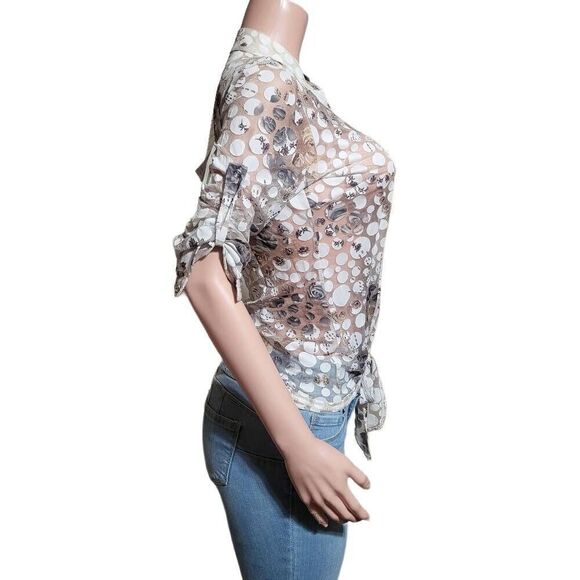 Pulp button down tie front abstract 3/4 sleeve mandarin collar top S - Picture 5 of 5